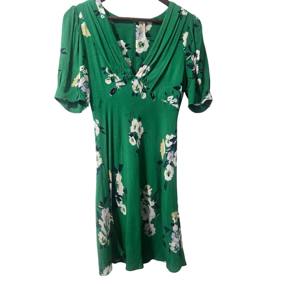 Free People Morning Light Mini‎ Dress Green Floral V-Neck Puff Sleeve Size 2